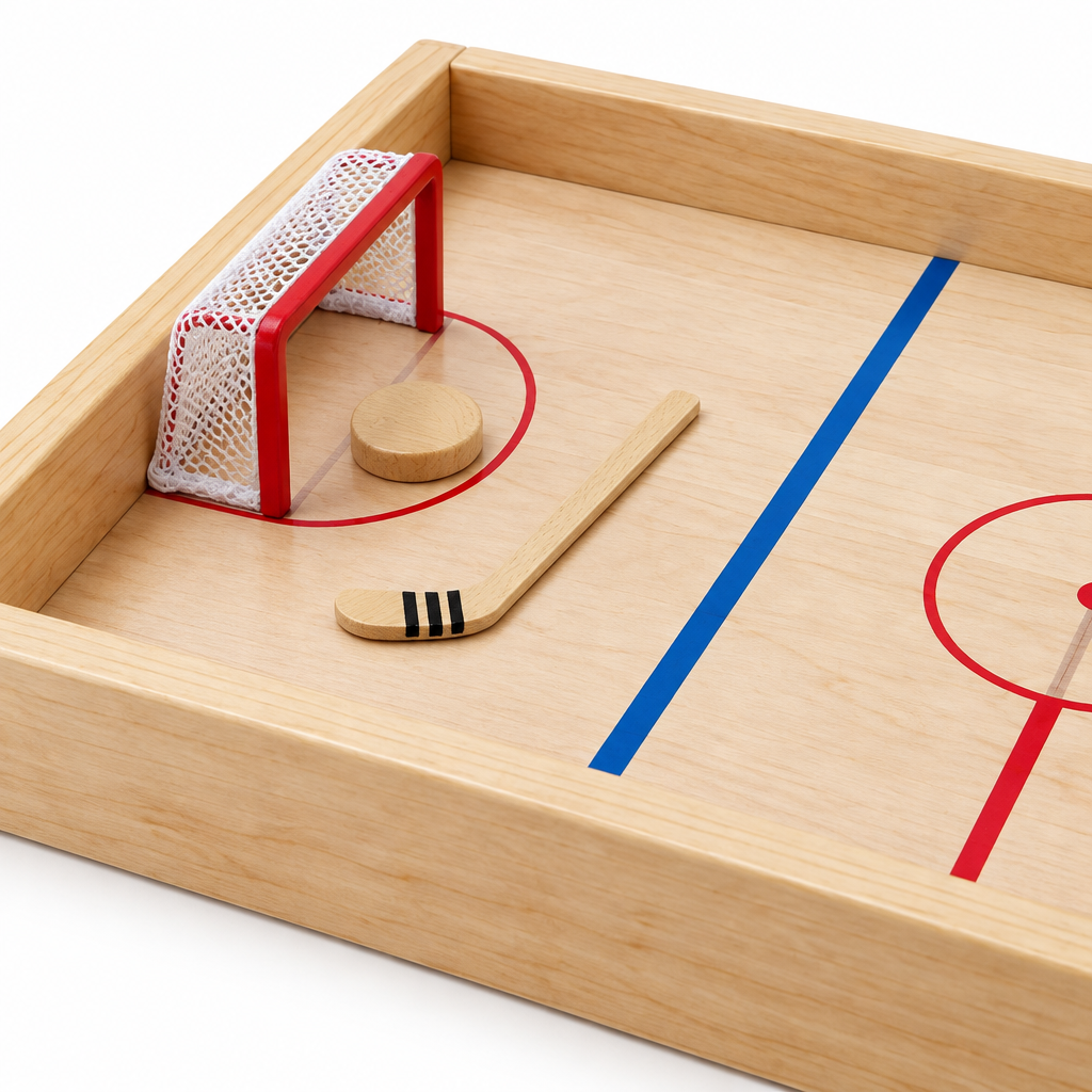 Close-up of a wooden puck and flick stick near the netted goal