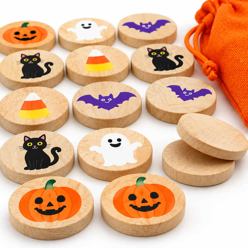 Close-up of wooden discs printed with a smiling ghost and orange pumpkin