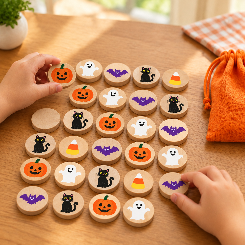 Child's hands matching Halloween memory discs at a kitchen table