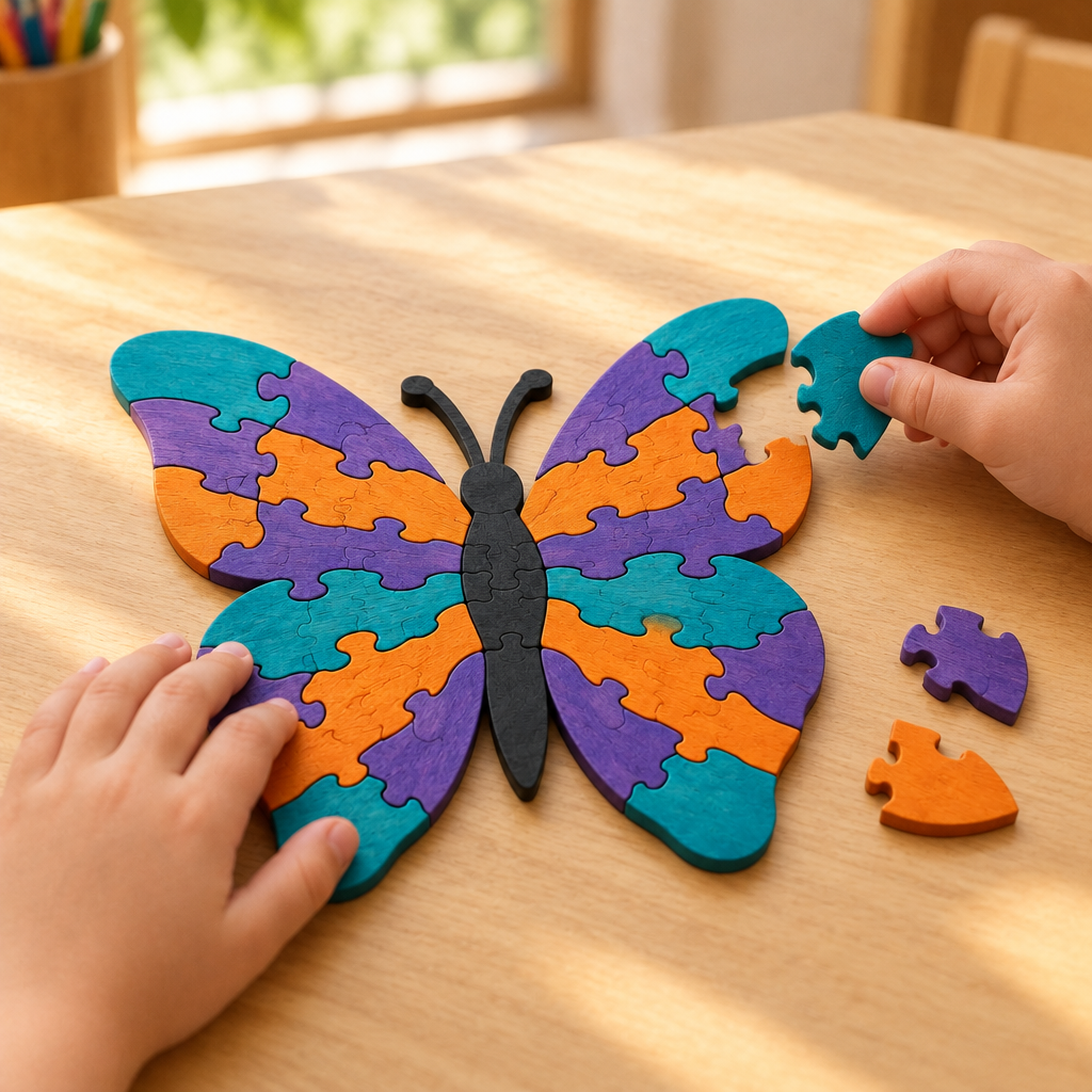 Child's hands fitting a wing piece into the butterfly jigsaw at a classroom table
