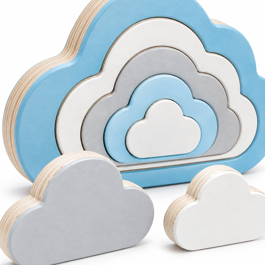 Close-up of the smooth rounded edges of the wooden cloud pieces