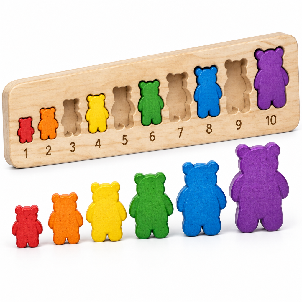 Close-up of the numbered slots and the smallest painted wooden bears