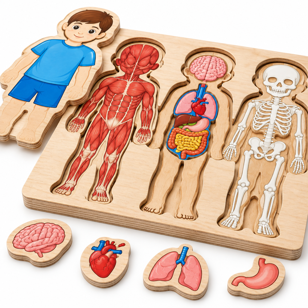 Close-up of the labeled heart, lungs and stomach organ puzzle pieces