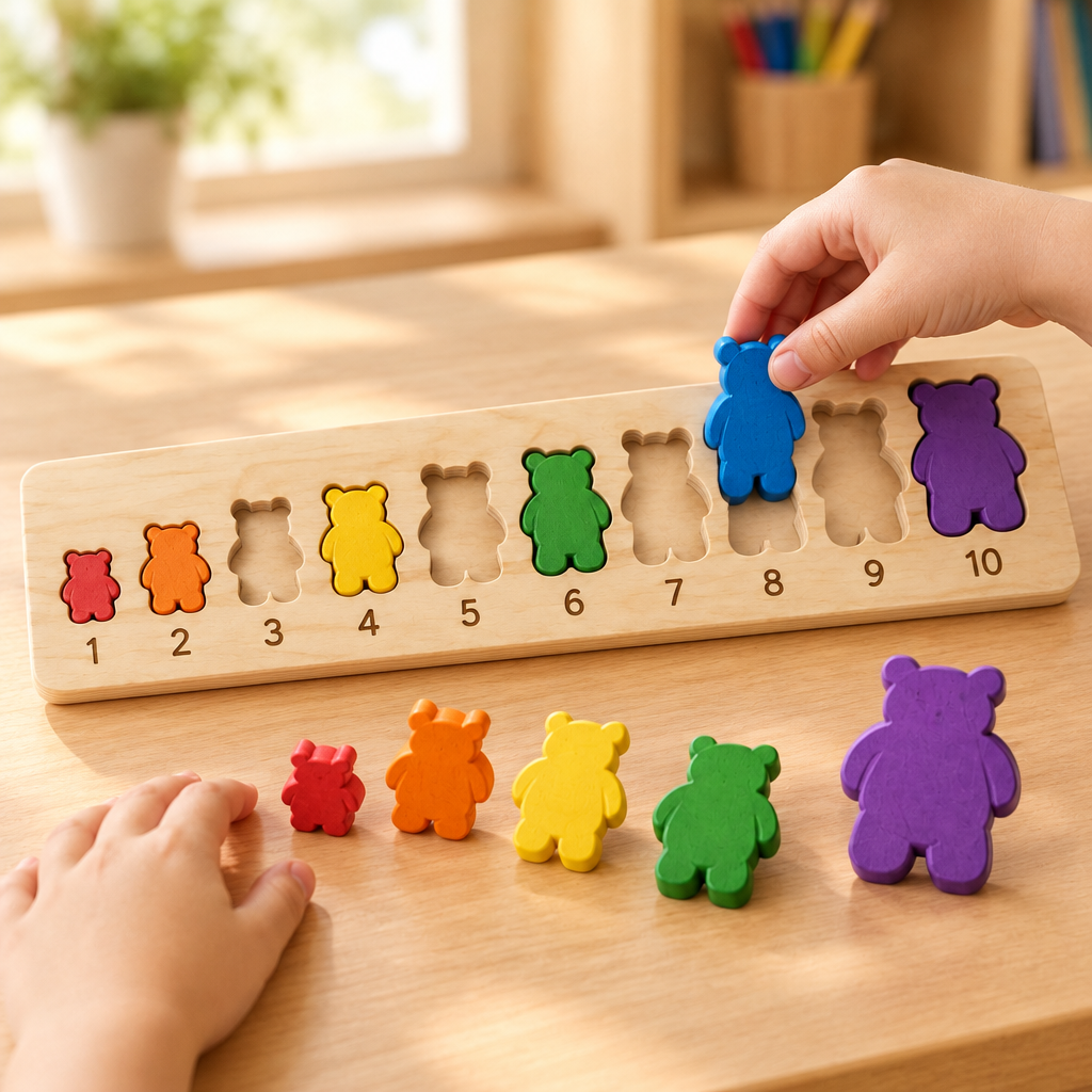 Child's hands placing a blue bear into its numbered slot at a classroom table