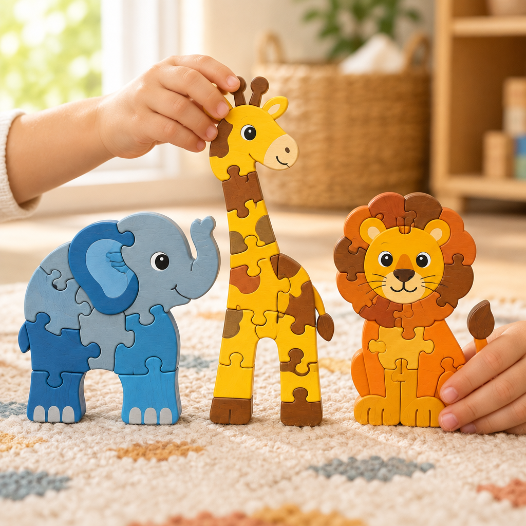 Child's hands standing up the finished wooden giraffe puzzle in a playroom