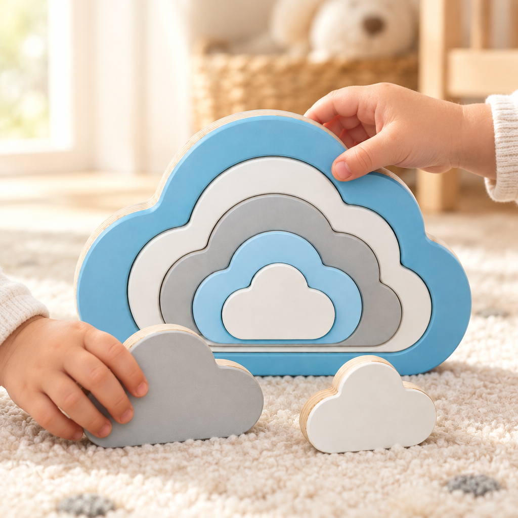 Toddler's hands fitting a pale blue cloud into the puzzle board in a nursery