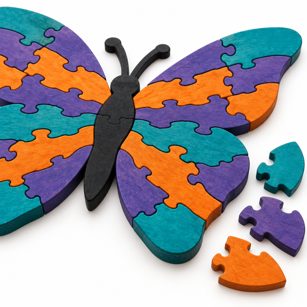 Close-up of labeled thorax and antennae pieces on the wooden butterfly puzzle