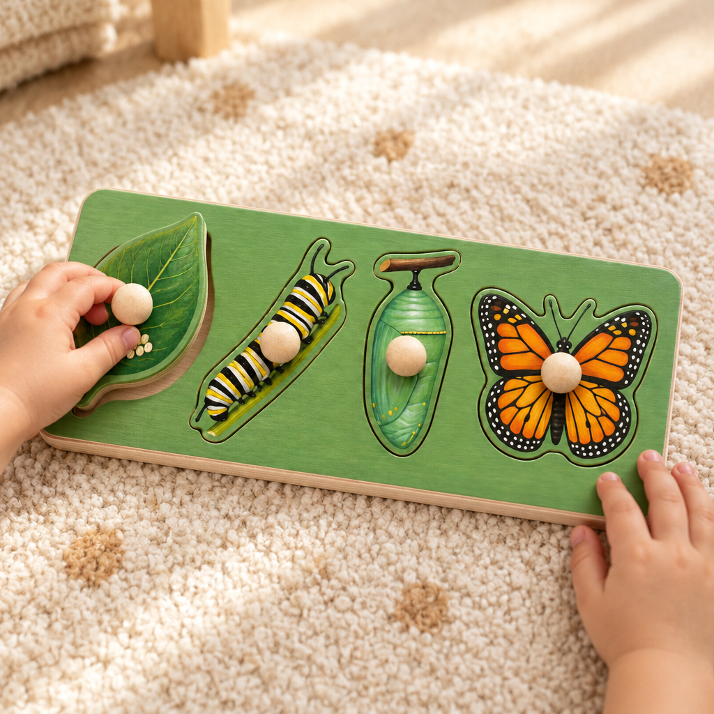 Toddler's hand lifting the caterpillar piece from the peg puzzle in a nursery