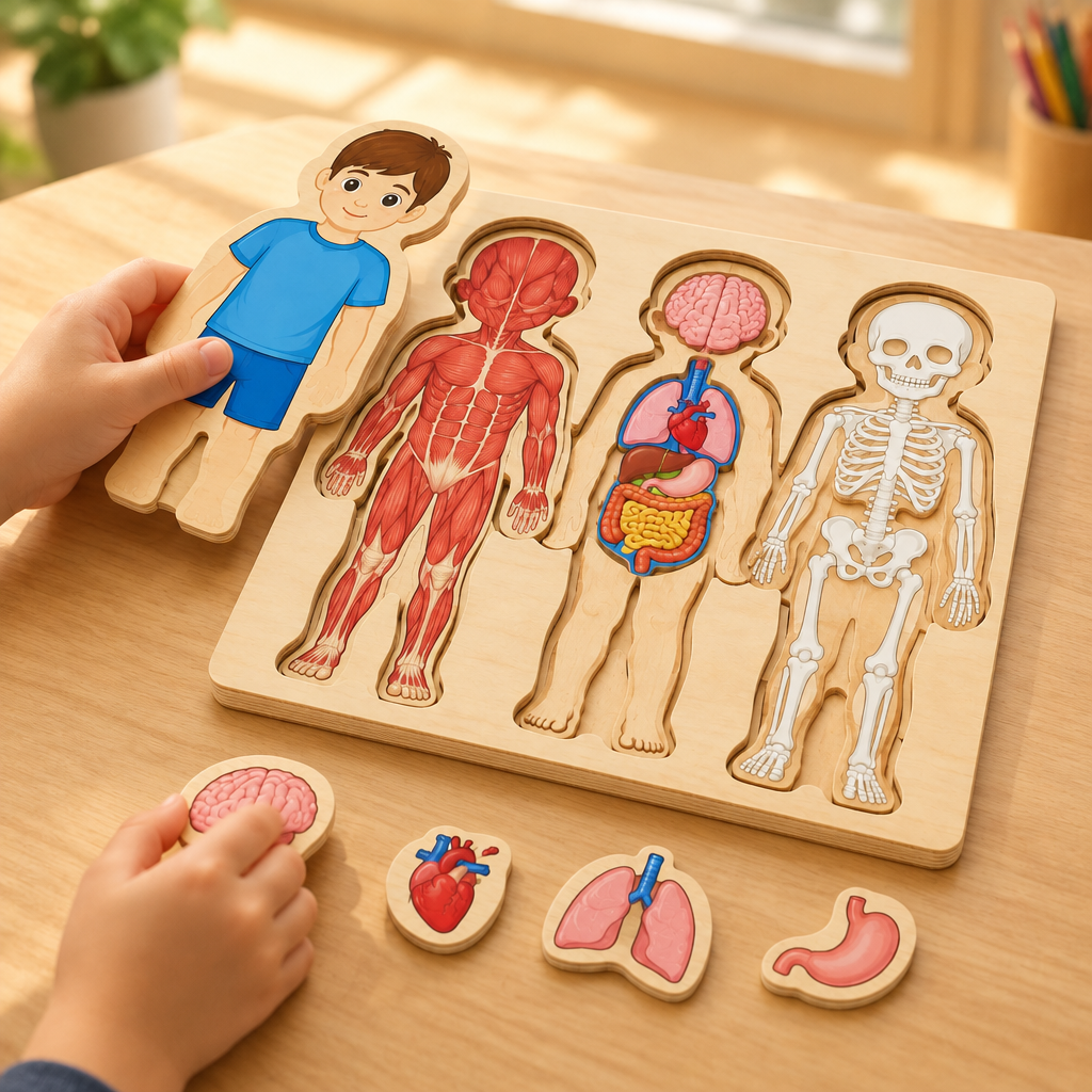 Child's hands lifting the muscle layer of the body puzzle at a classroom table