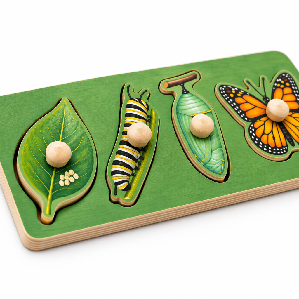 Close-up of the wooden knob on the orange-and-black butterfly puzzle piece