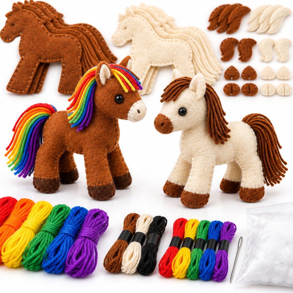 Close-up of a finished felt pony's rainbow yarn mane and stitched seam