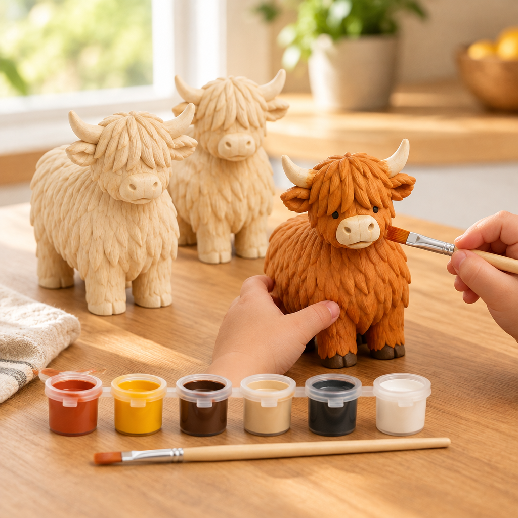 Child's hands painting a wooden cow figure at a kitchen table