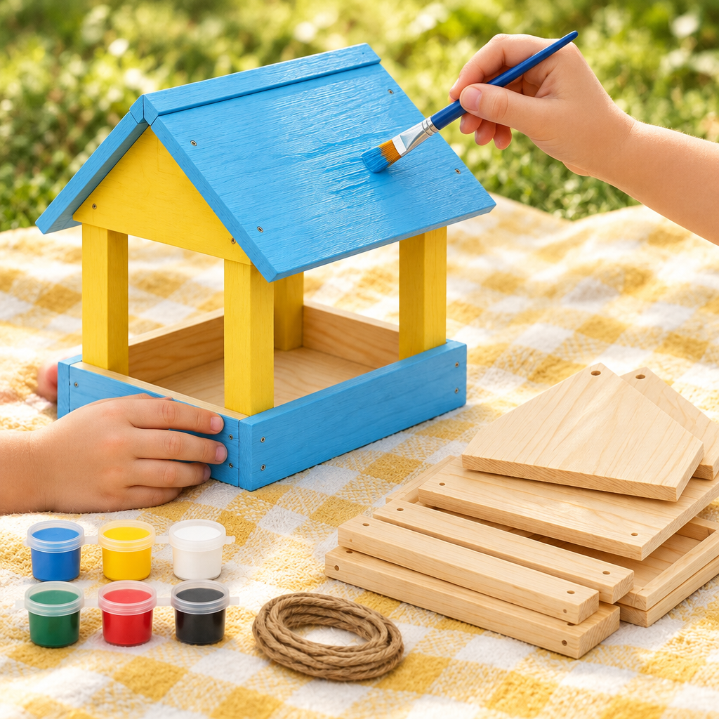Child's hands painting the wooden bird feeder roof in the backyard