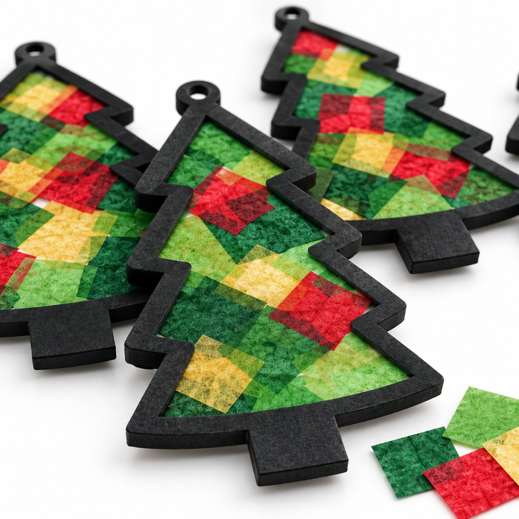Close-up of layered tissue squares glowing inside a black cardstock tree frame