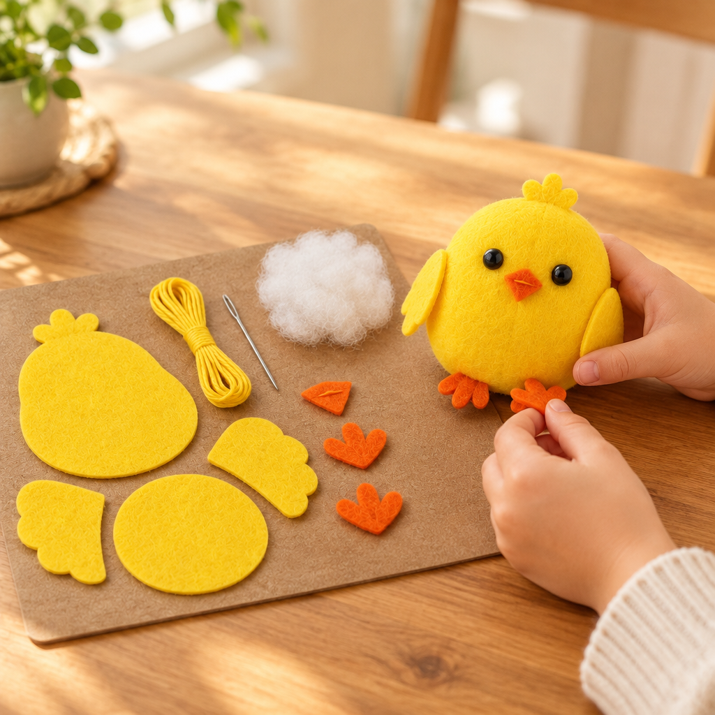 Child's hands stitching the felt chick body at a kitchen table