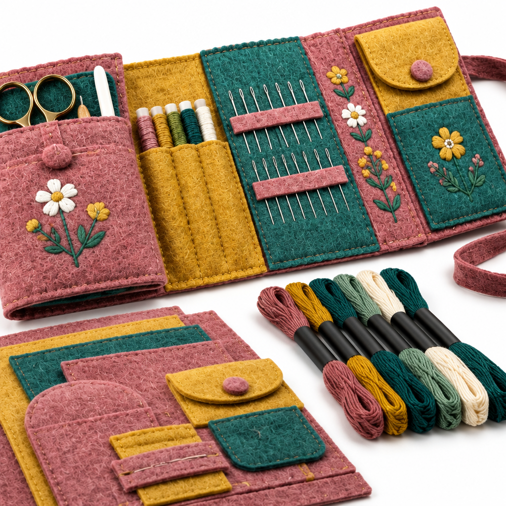 Close-up of embroidered folk-style felt flowers and the needle page