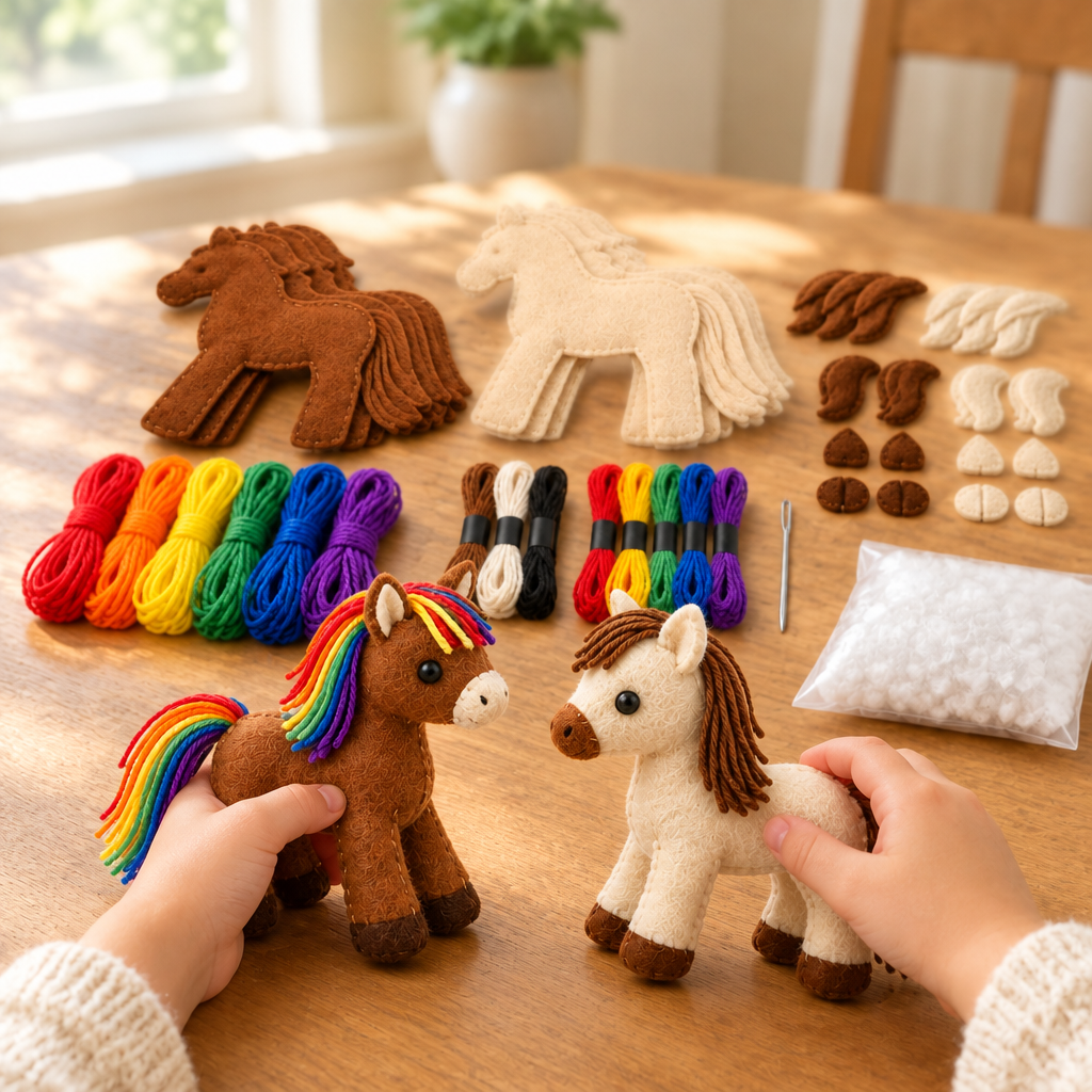 Child's hands stitching a felt pony with a blunt needle at a kitchen table
