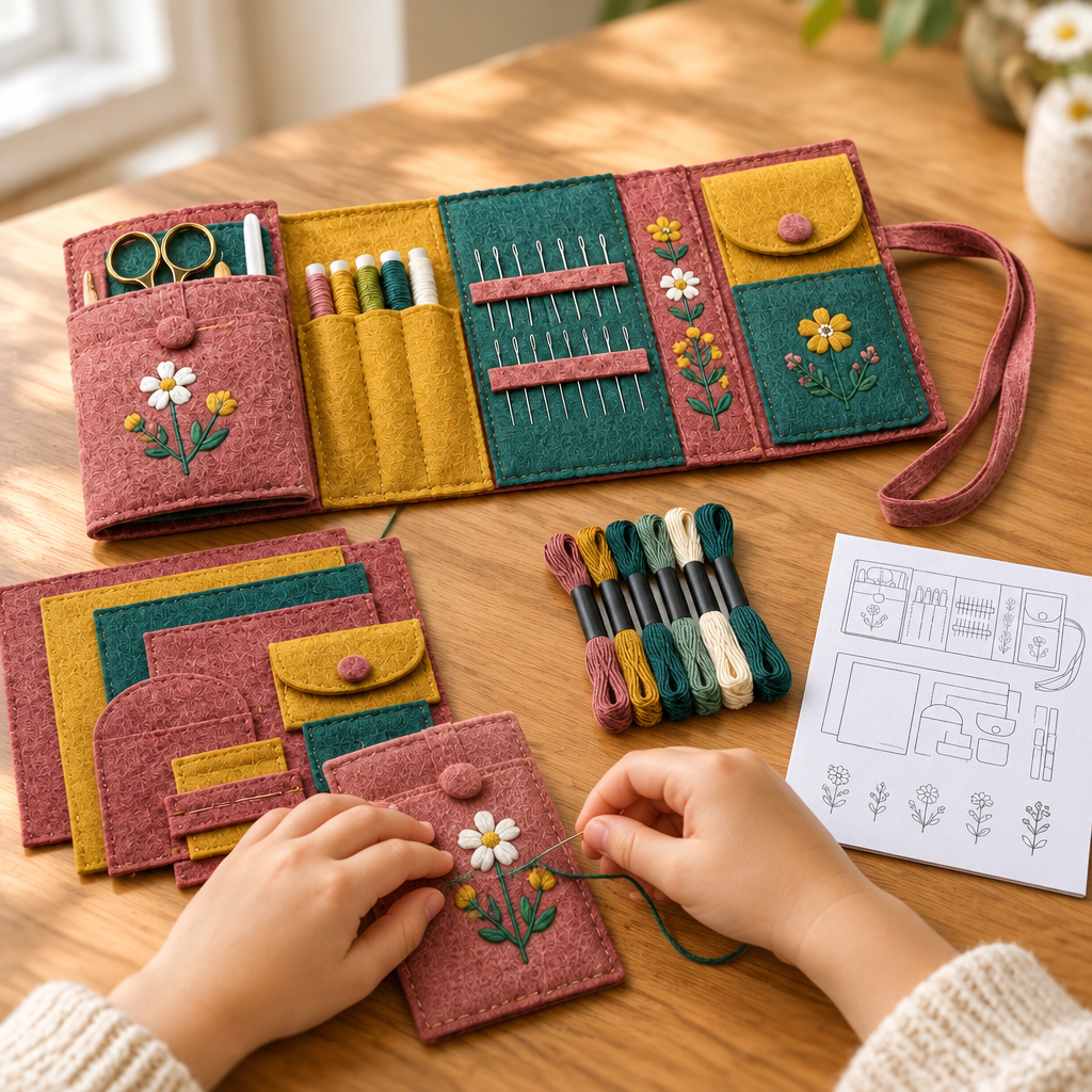 Child's hands stitching a felt flower onto the sewing roll at a kitchen table