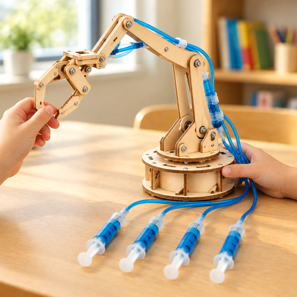Child's hands pressing syringes to move the hydraulic arm at a classroom table