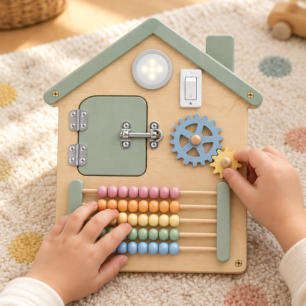 Toddler's hands sliding beads on the busy board abacus in a playroom