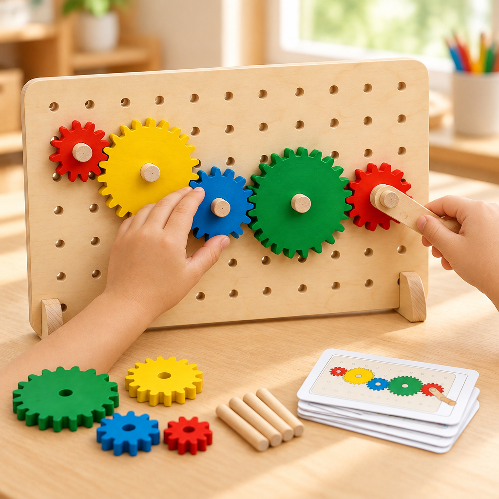 Child's hands turning the crank on the gear pegboard at a classroom table