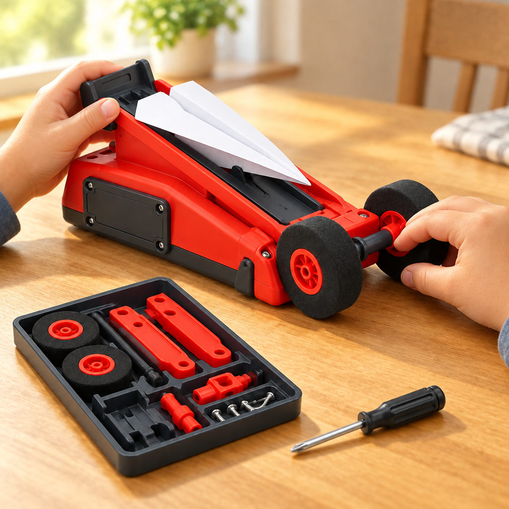Child's hands loading a paper plane into the motorized launcher at a kitchen table