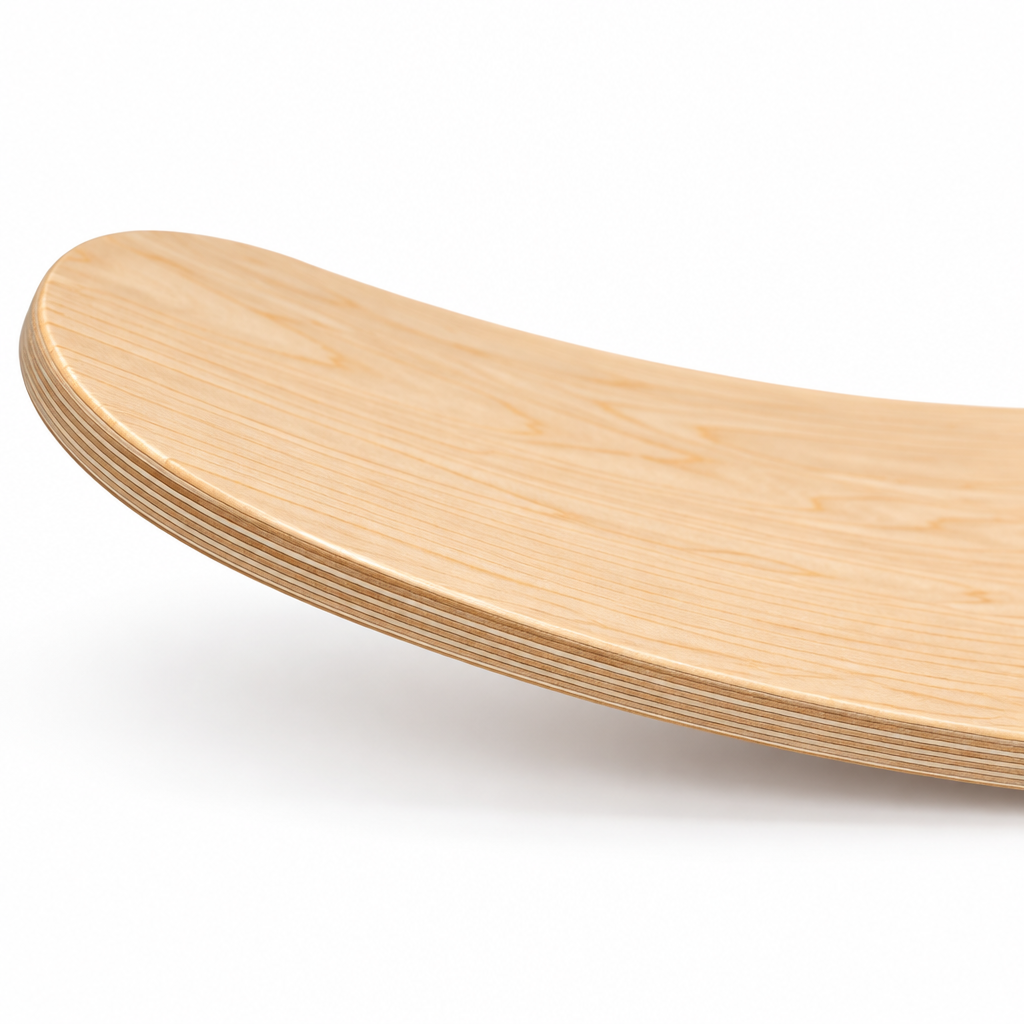Close-up of the grippy walking surface and smooth maple grain on the balance board