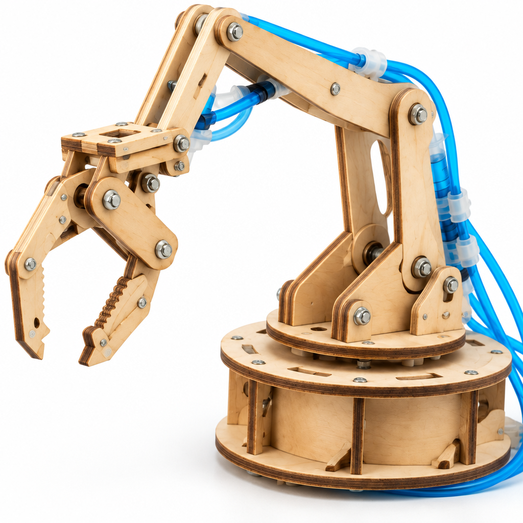 Close-up of the plywood claw and blue water-filled hydraulic tubing