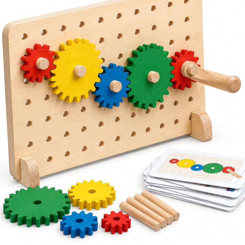 Close-up of interlocking wooden gear teeth on their pegs