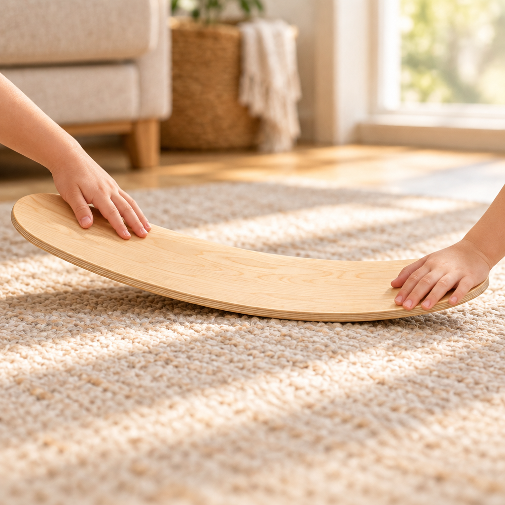 Child's hands steadying the curved balance bridge on a living room floor