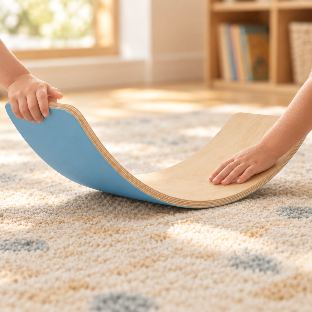 Child's hands gripping the edge of the rocker balance board on a playroom rug