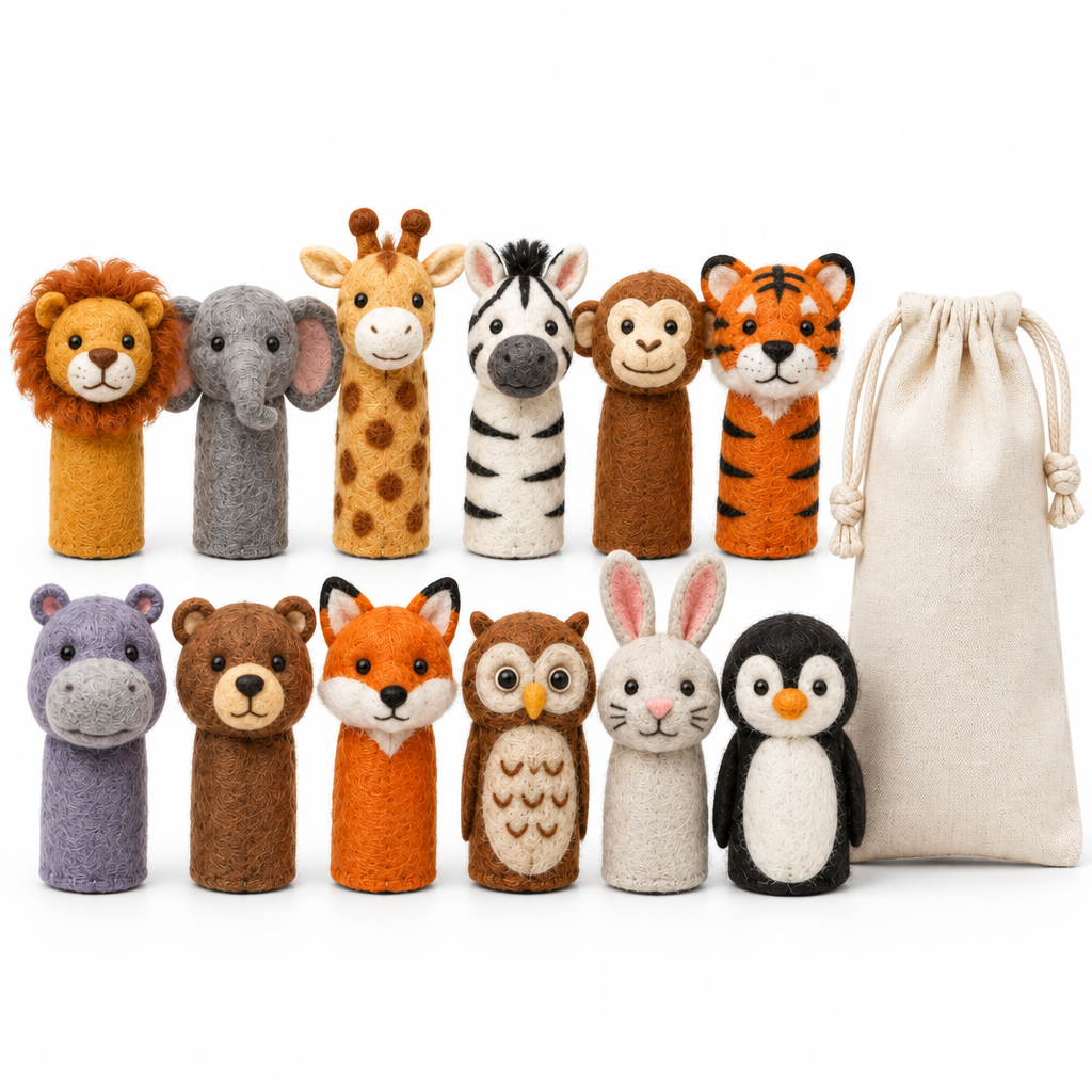 Close-up of the needle-felted lion and giraffe finger puppet heads