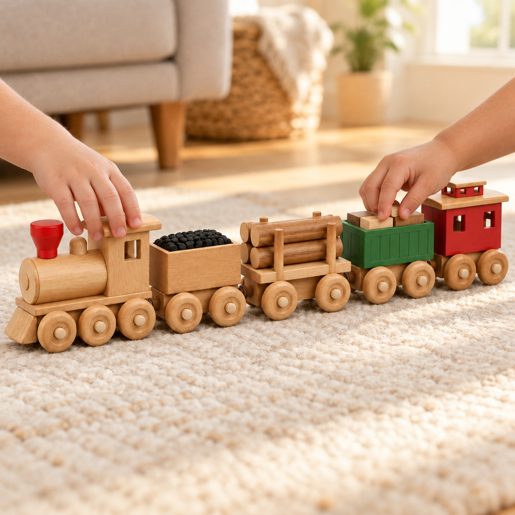 Child's hands loading wooden logs onto the train flatbed on a living room floor