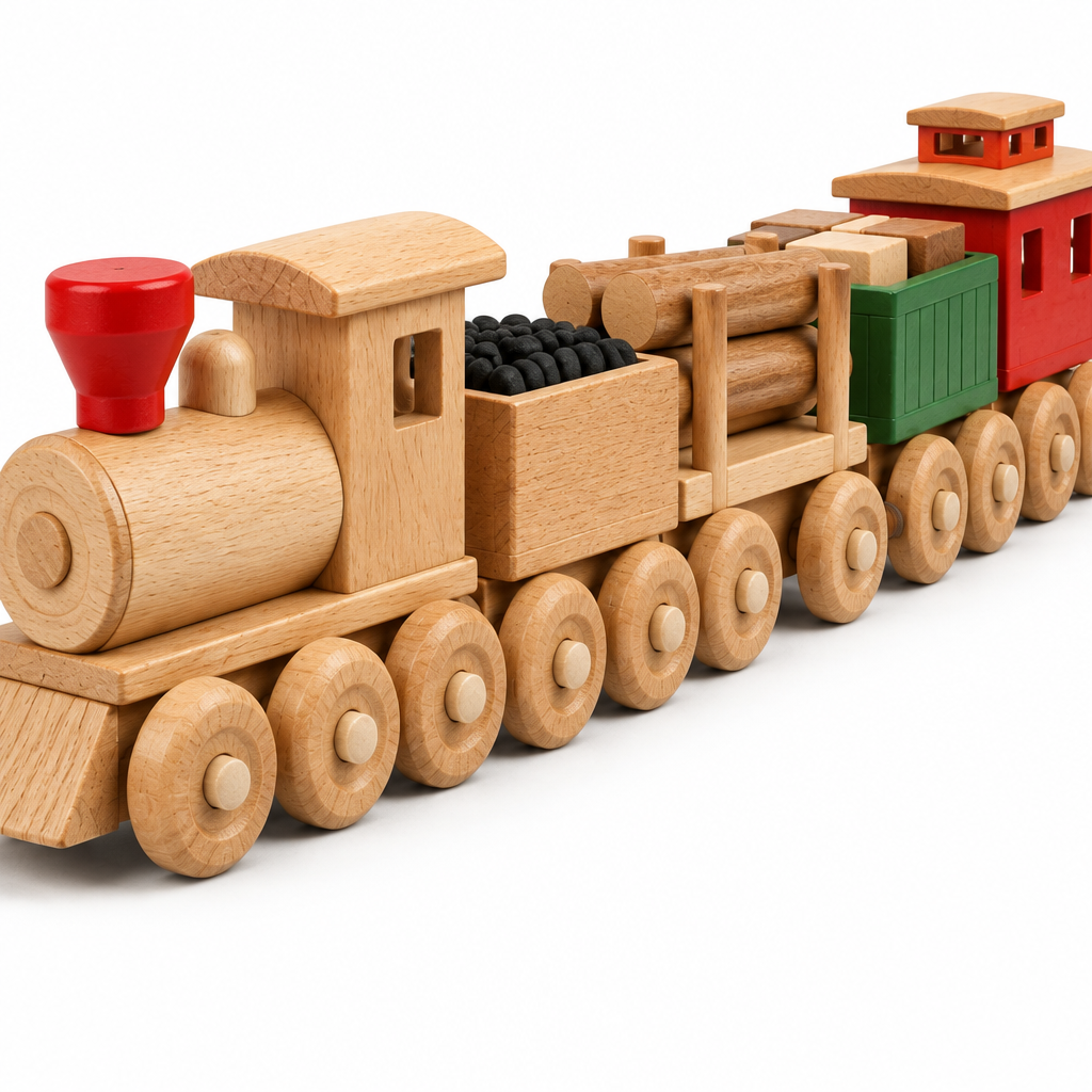 Close-up of the peg-and-hook coupler between two wooden train cars