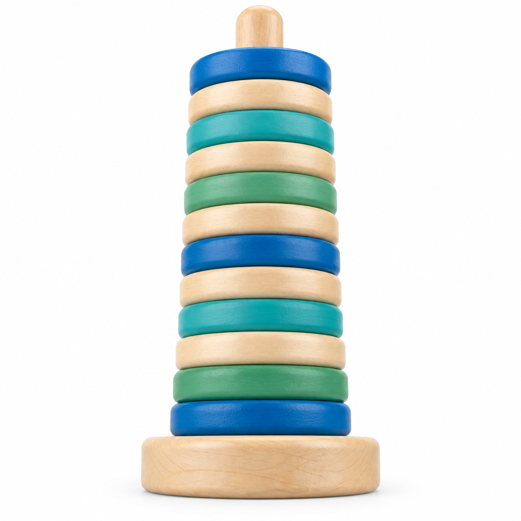 Close-up of the stacked maple rings in ocean blue, teal and natural wood