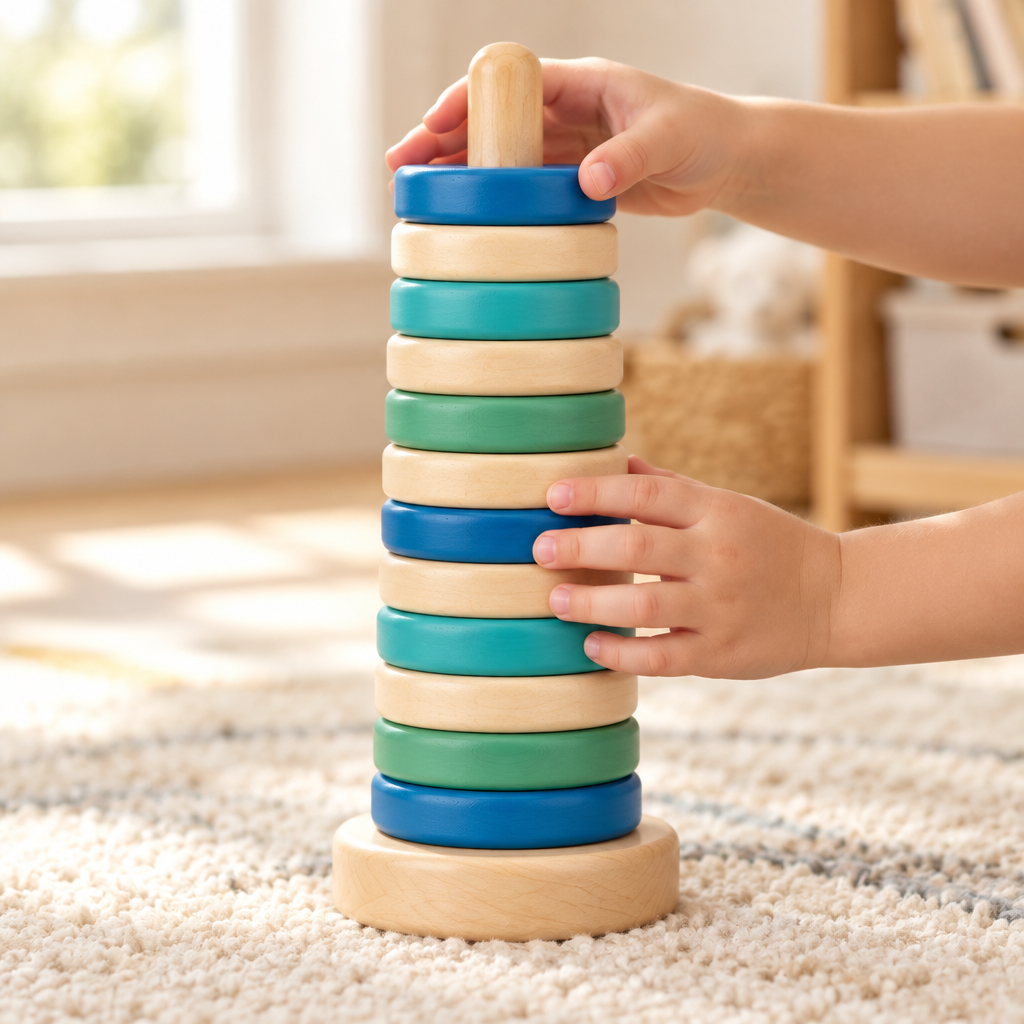 Baby's hands dropping a teal ring onto the ocean stacking tower in a nursery