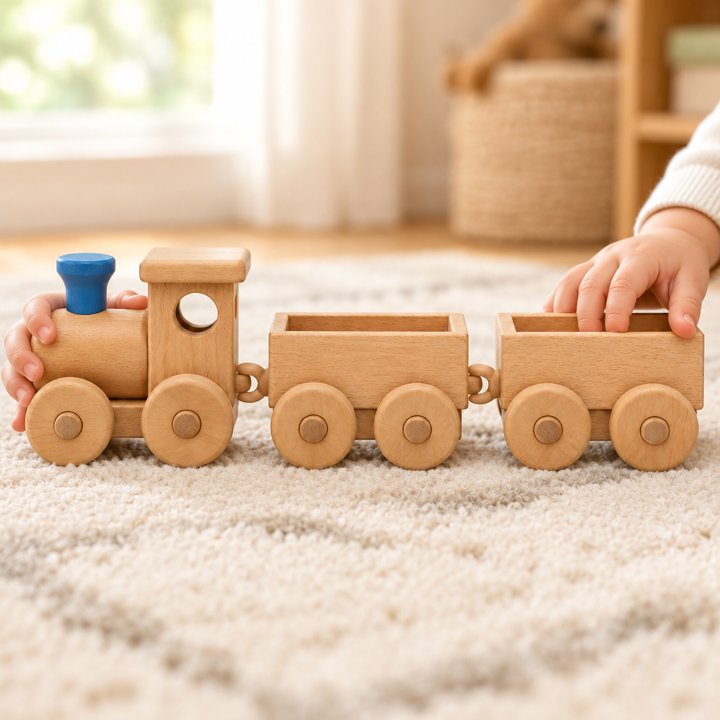 Toddler's hands pushing the wooden train across a nursery floor