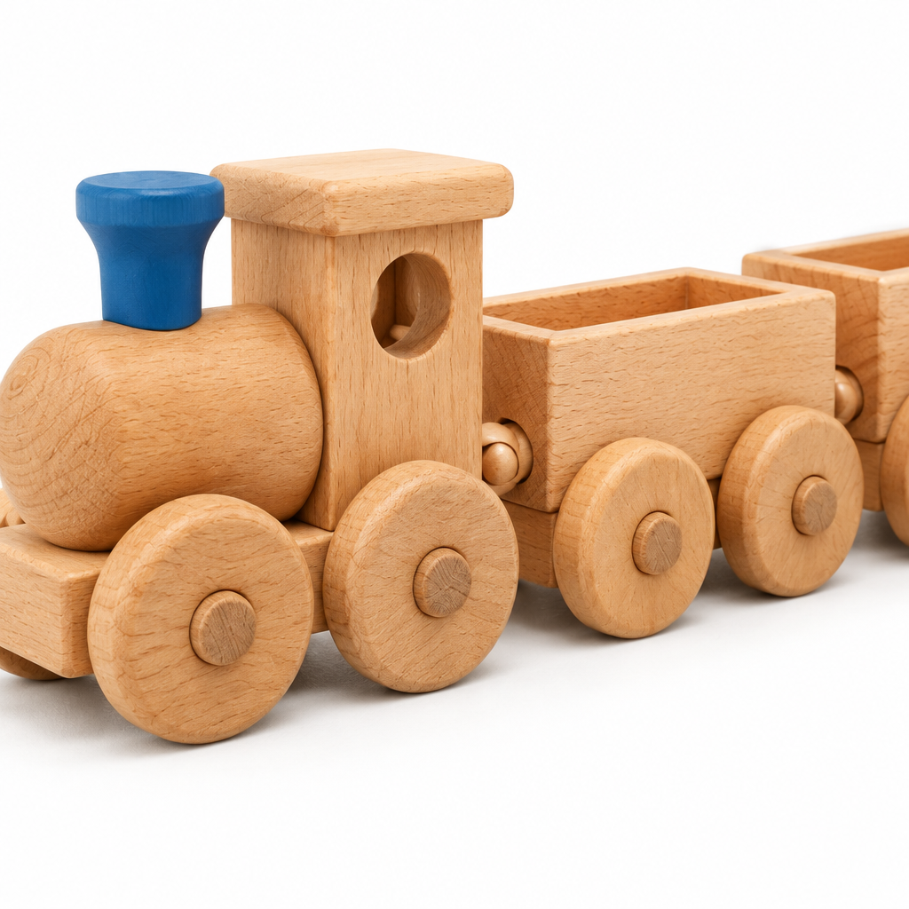 Close-up of the wooden hook coupler and chunky wheel on the toddler train