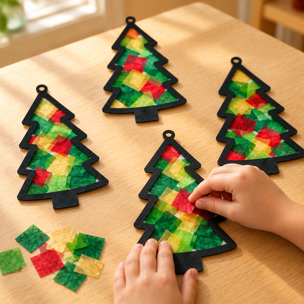 Child's hands pressing tissue squares onto a sticky suncatcher sheet at a classroom table